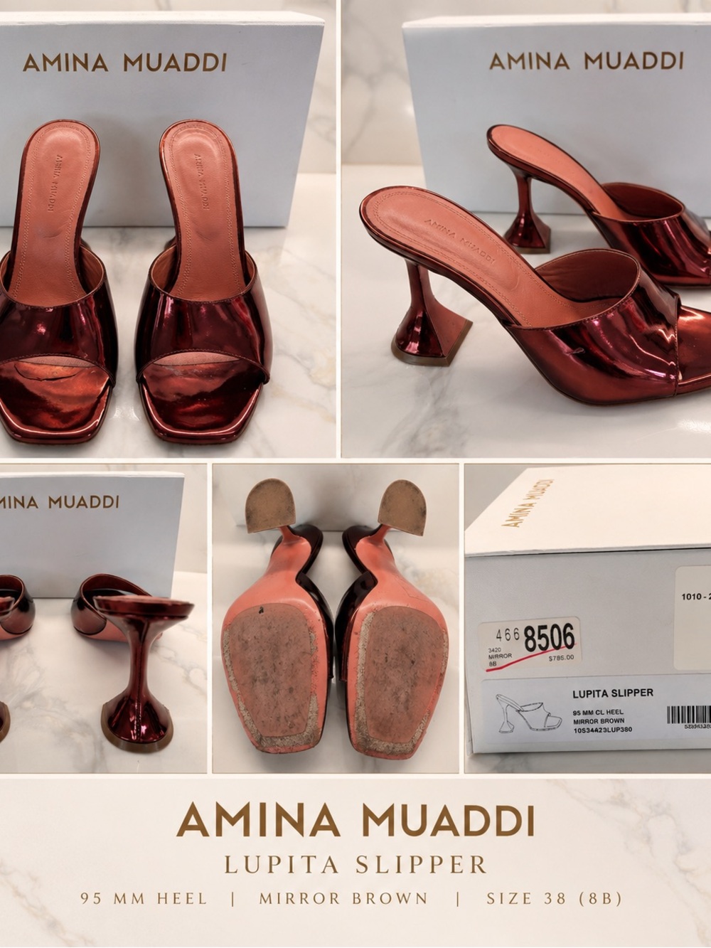 Amina Muaddi Lupita Mirror Brown Metallic Heeled Slippers 38